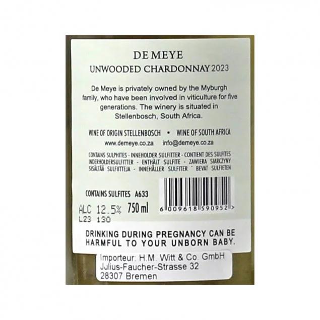 De Meye Chardonnay Unwooded 0,75 L 12,5% vol
