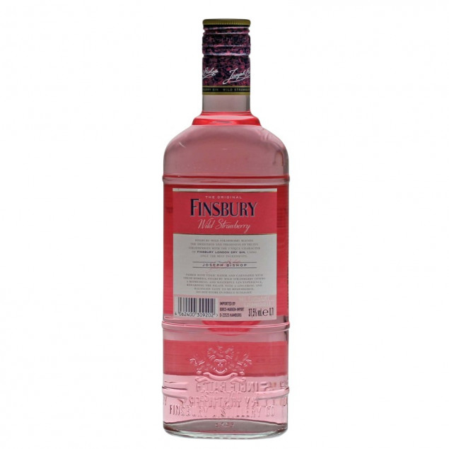Foto der kompletten Flaschen-Rückseite vom Finsbury Wild Strawberry Gin