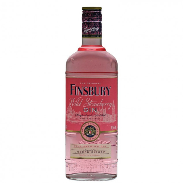Foto der kompletten Flaschen-Vorderseite vom Finsbury Wild Strawberry Gin