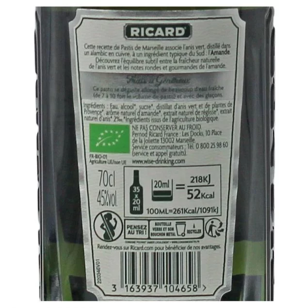 Ricard Anis Vert et Amande BIO 0,7 L 45% vol