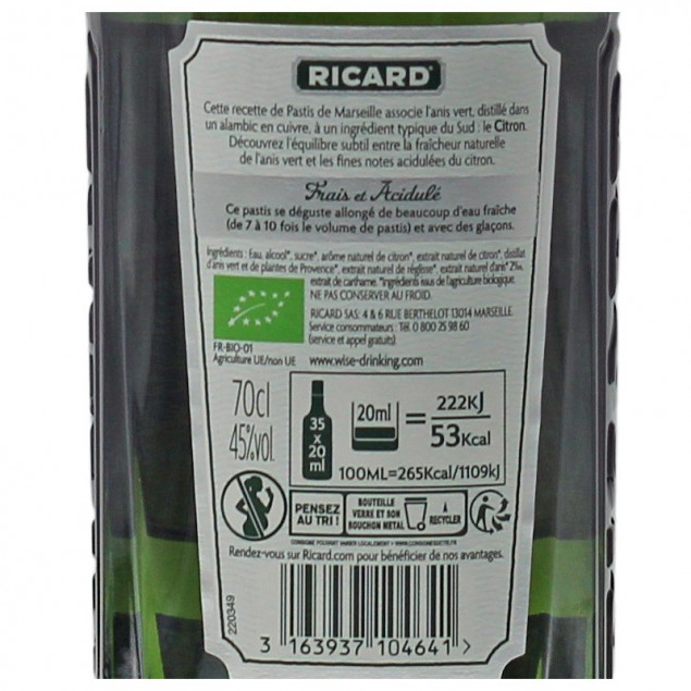 Ricard Anis Vert et Citron BIO 0,7 L 45% vol