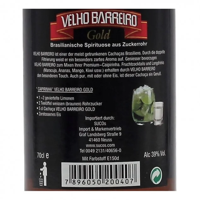 Velho Barreiro Gold Cachaca 0,7 L 39%vol