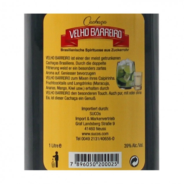 Velho Barreiro Silver Cachaca 1 L 39 %vol