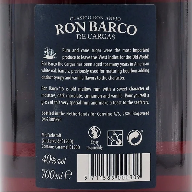 Ron Barco de Cargas 15 Jahre Solera Rum 0,7 L 40% vol