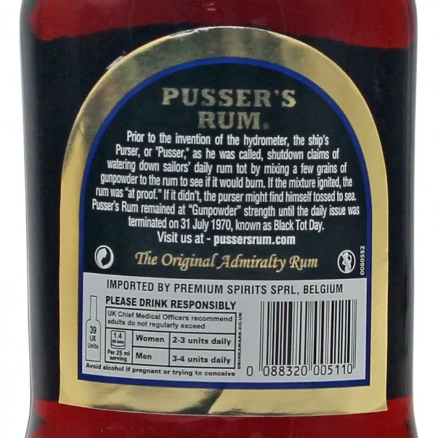 Pussers British Navy Rum Black Label Gunpowder Proof 0,7 L 54,5 % vol