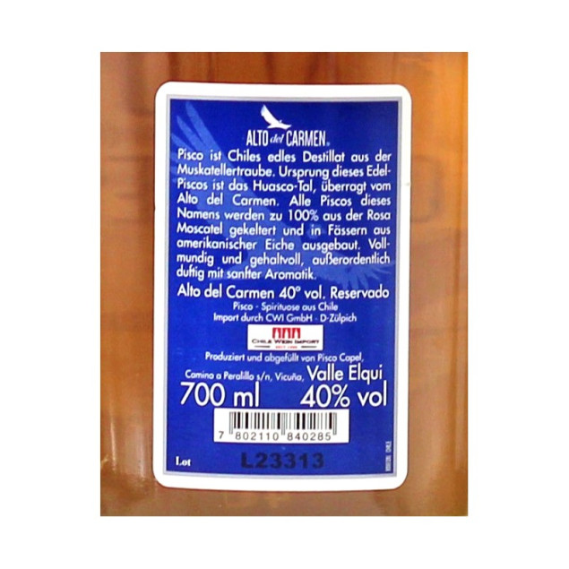 Alto del Carmen Pisco Reservado 0,7 L 40% vol