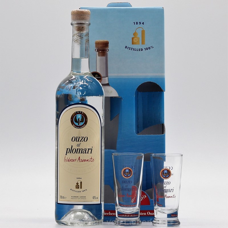 Ouzo Plomari Isidoros Arvanitis mit zwei Gläsern im Geschenkset
