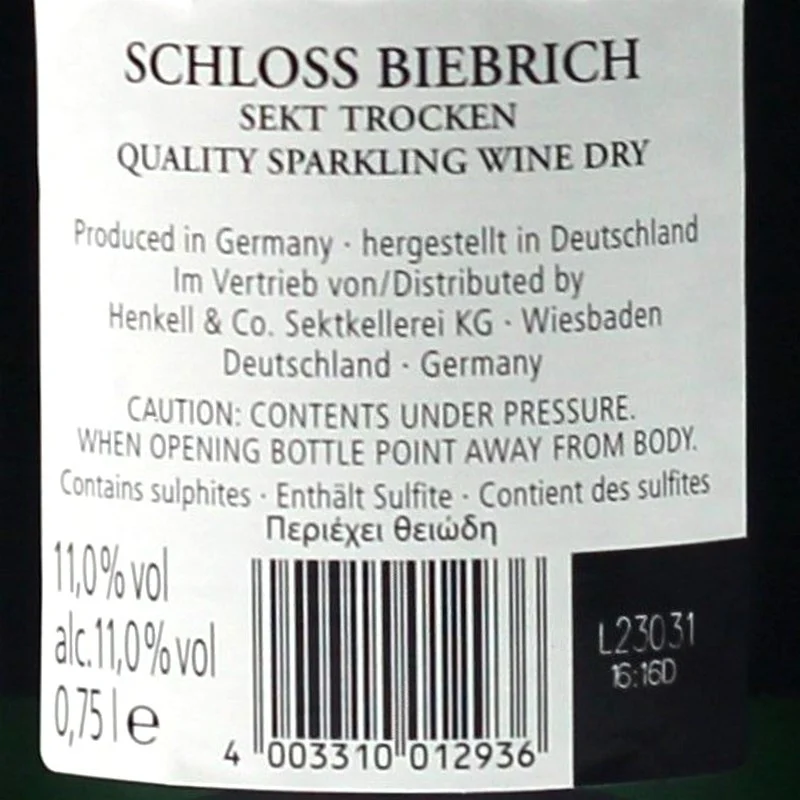 Schloss Biebrich Sekt trocken 0,75 L 11% vol Schloss Biebrich Sekt trocken 0,75 L 11% vol