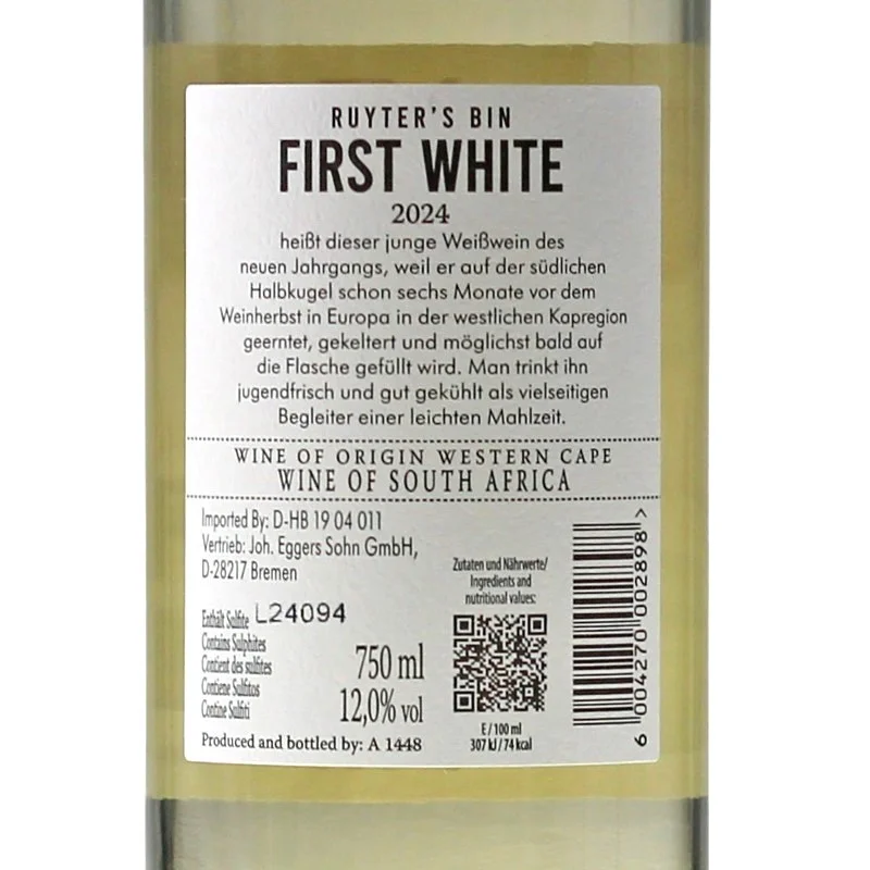 Ruyter's Bin First White 0,75 L 12,5 % vol Ruyter's Bin First White 0,75 L 12,5 % vol