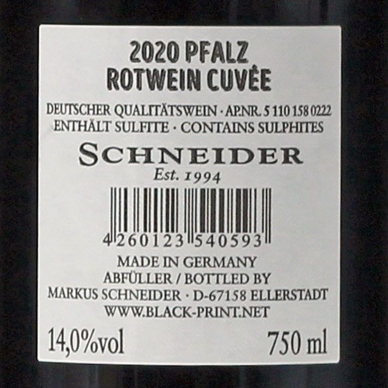 Markus Schneider Black Print 0,75 L 14% vol Markus Schneider Black Print 0,75 L 14% vol