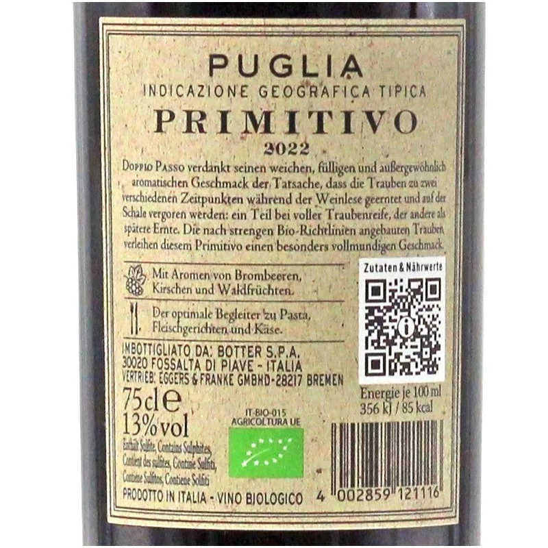 Doppio Passo Primitivo Puglia BIO 0,75 L 13% vol Doppio Passo Primitivo Puglia BIO 0,75 L 13% vol