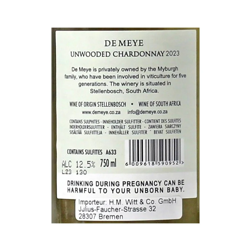 De Meye Chardonnay Unwooded 0,75 L 12,5% vol