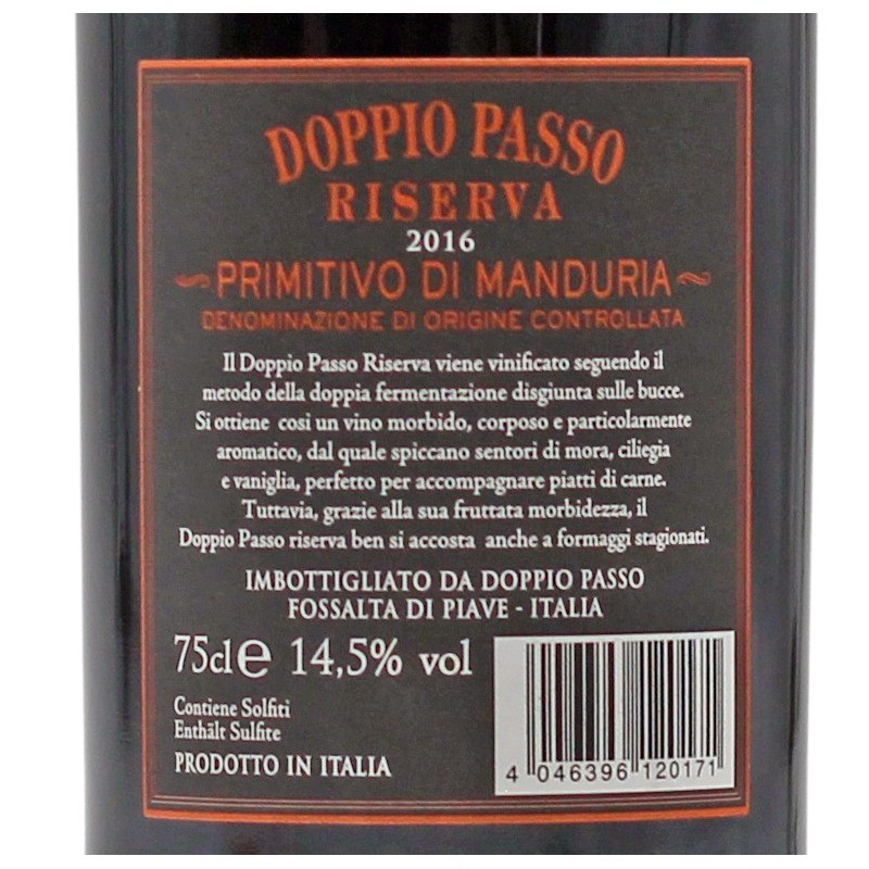 Doppio Passo Riserva Primitivo di Manduria 0,75 L 14,5% vol Doppio Passo Riserva Primitivo di Manduria 0,75 L 14,5% vol