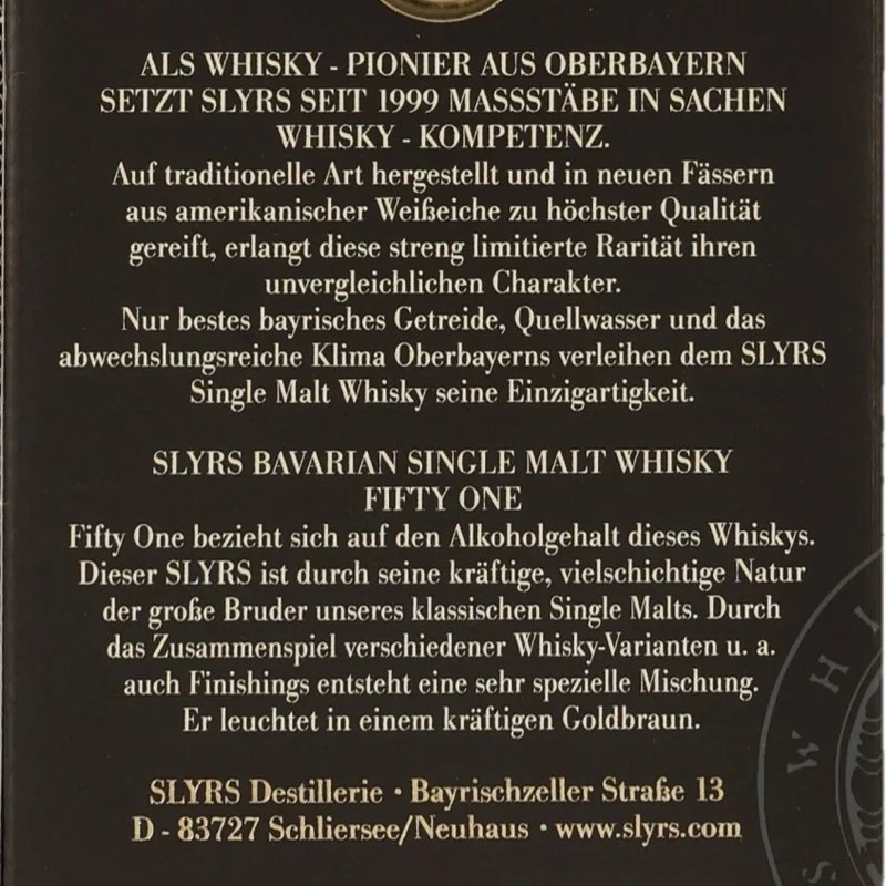 Slyrs 51 Fifty One Single Malt Whisky 0,7 L 51% vol Slyrs 51 Fifty One Single Malt Whisky 0,7 L 51% vol