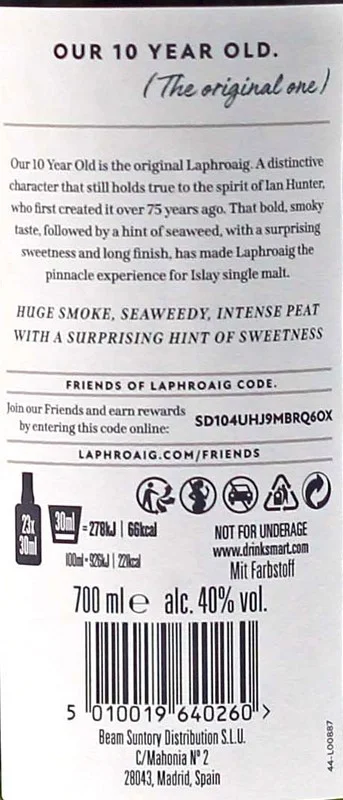 Laphroaig Whisky 10 Jahre 0,7 L 40% vol Laphroaig Whisky 10 Jahre 0,7 L 40% vol