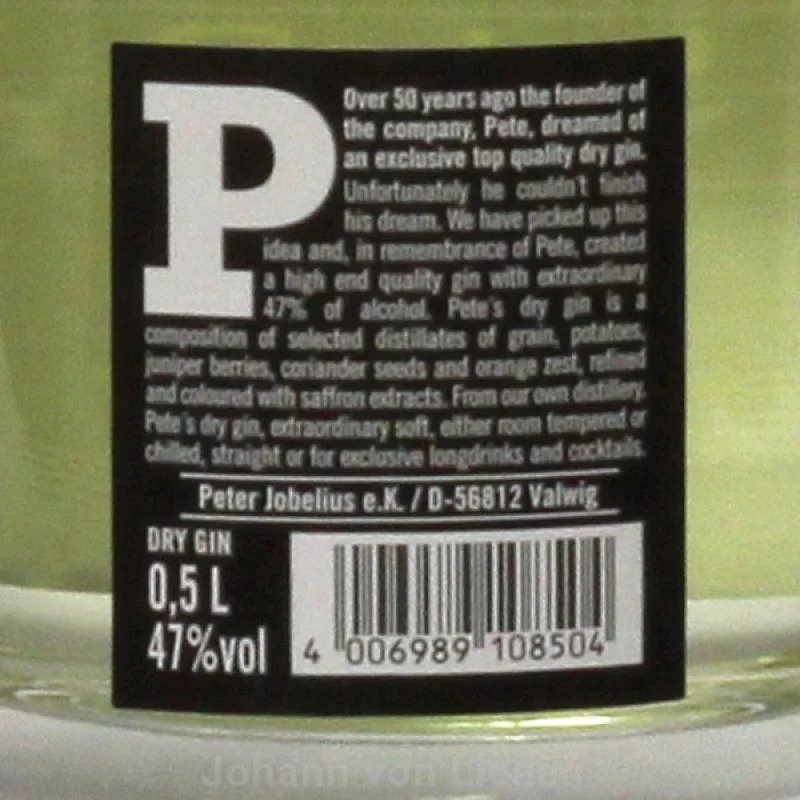 Pete's Yellow Dry Gin 0,5 L 47 %vol
