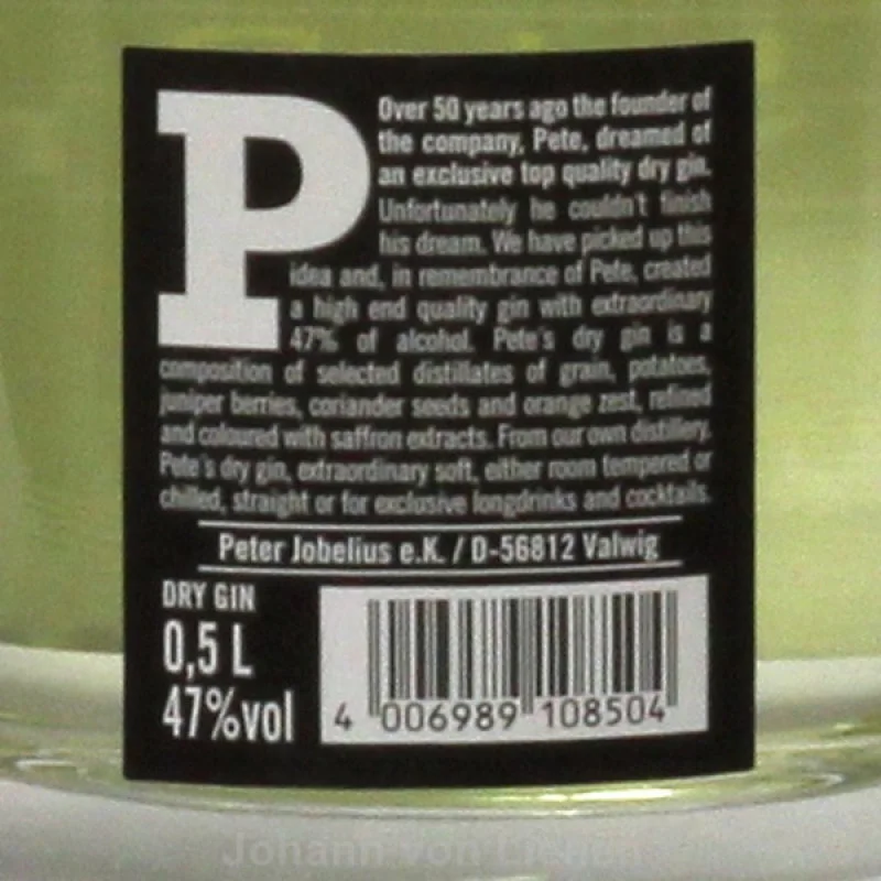 Pete's Yellow Dry Gin 0,5 L 47 %vol Pete's Yellow Dry Gin 0,5 L 47 %vol