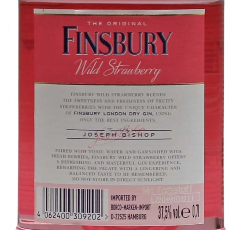 Detailbild von der Finsbury Wild Strawberry Gin Rückseite Detailbild von der Finsbury Wild Strawberry Gin Rückseite
