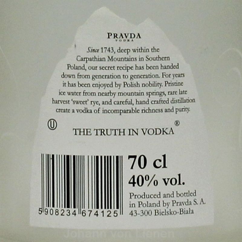 Pravda Vodka aus Polen 0,7 L 40%vol