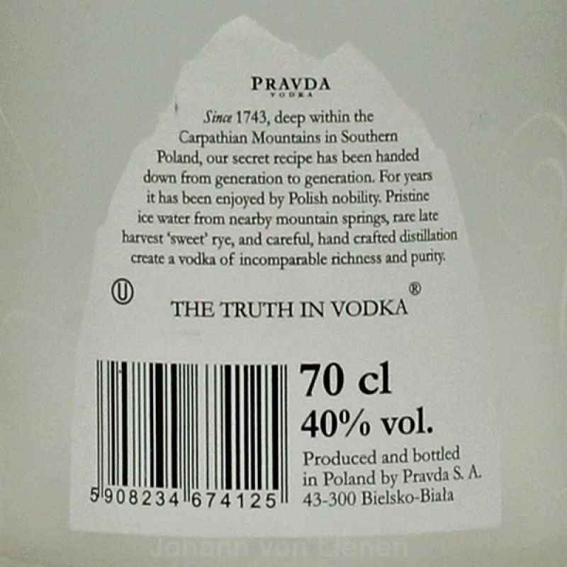 Pravda Vodka aus Polen 0,7 L 40%vol Pravda Vodka aus Polen 0,7 L 40%vol