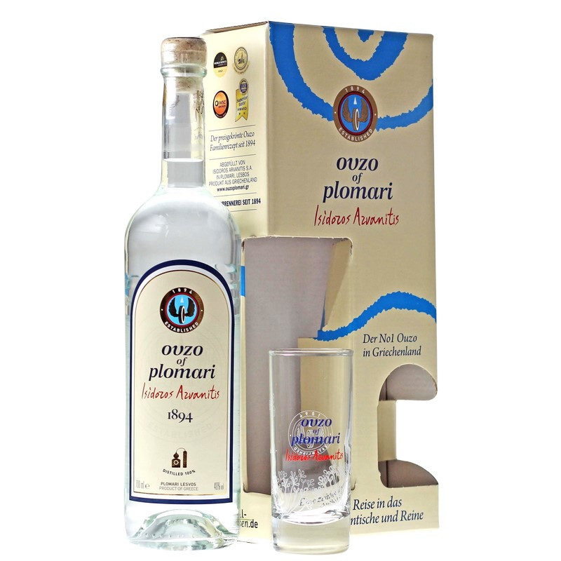 Ouzo Plomari Geschenkset mit Glas 0,7 L 40 % vol