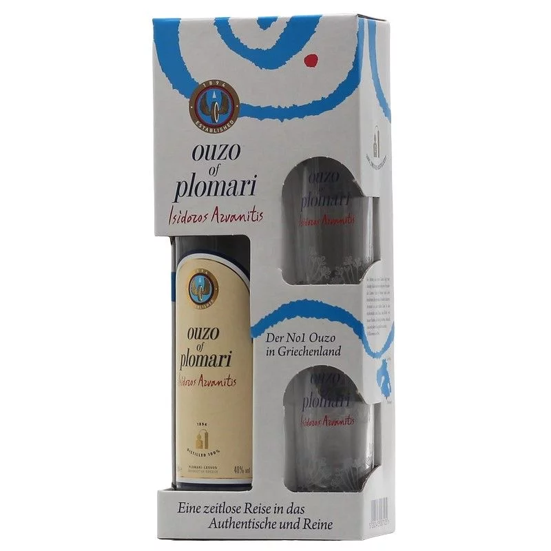 Ouzo Plomari mit 2 Gläsern 0,7 L 40% vol