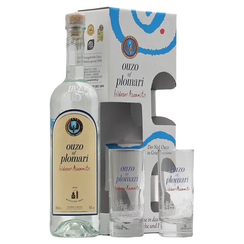 Ouzo Plomari mit 2 Gläsern 0,7 L 40% vol