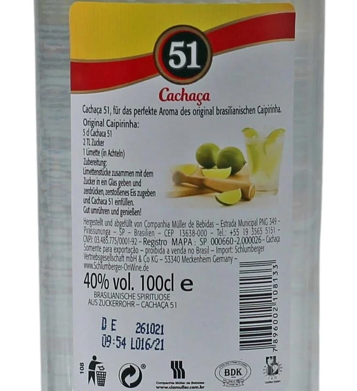 Cachaca 51 Pirassununga 1 Liter 40% vol Cachaca 51 Pirassununga 1 Liter 40% vol