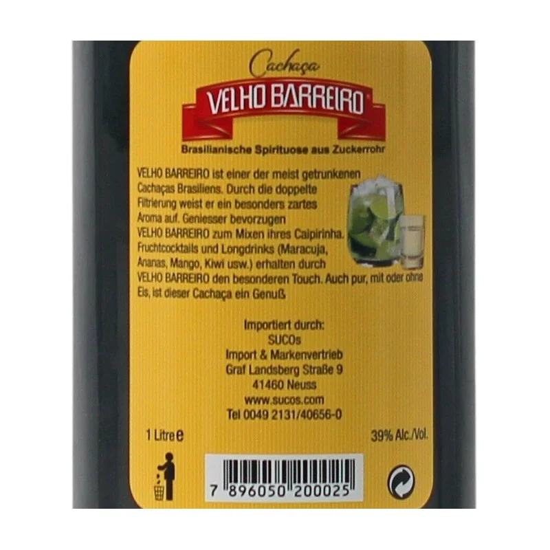 Velho Barreiro Silver Cachaca 1 L 39 %vol