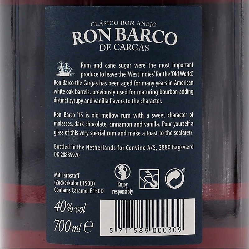 Ron Barco de Cargas 15 Jahre Rum 0,7 L 40% vol Ron Barco de Cargas 15 Jahre Rum 0,7 L 40% vol