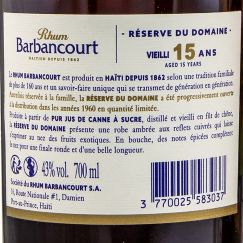 Rhum Barbancourt 15 Jahre Reserve du Domaine 0,7 L 43% vol Rhum Barbancourt 15 Jahre Reserve du Domaine 0,7 L 43% vol