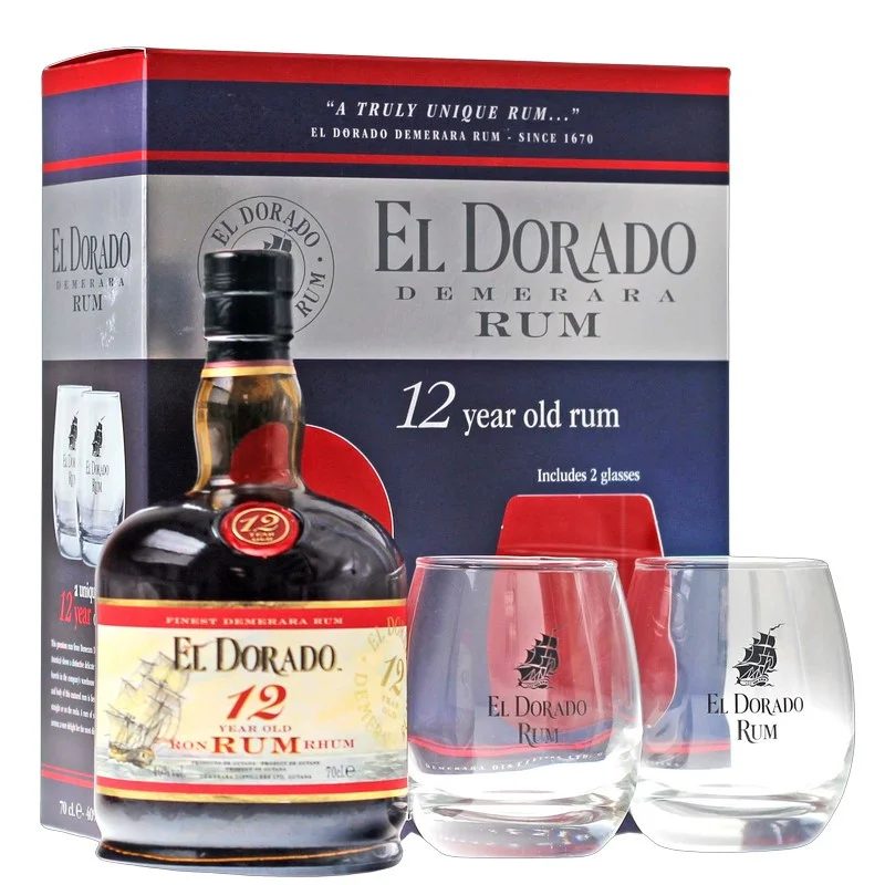 El Dorado Rum 12 Jahre Set mit 2 Gläsern 0,7 L 40 % vol El Dorado Rum 12 Jahre Set mit 2 Gläsern 0,7 L 40 % vol