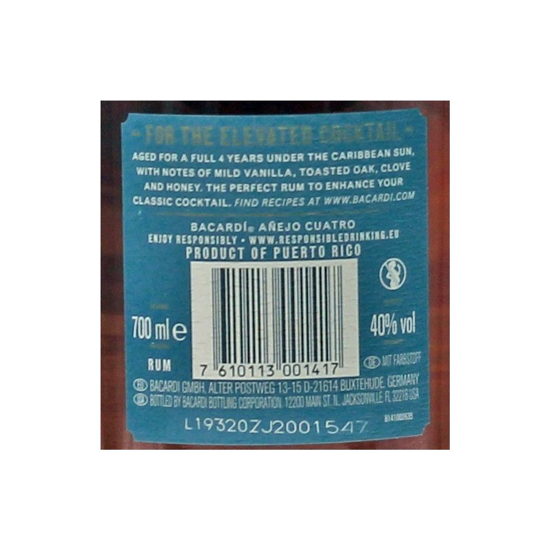 Bacardi Anejo Cuatro Rum 4 Jahre 0,7 L 40%vol Bacardi Anejo Cuatro Rum 4 Jahre 0,7 L 40%vol