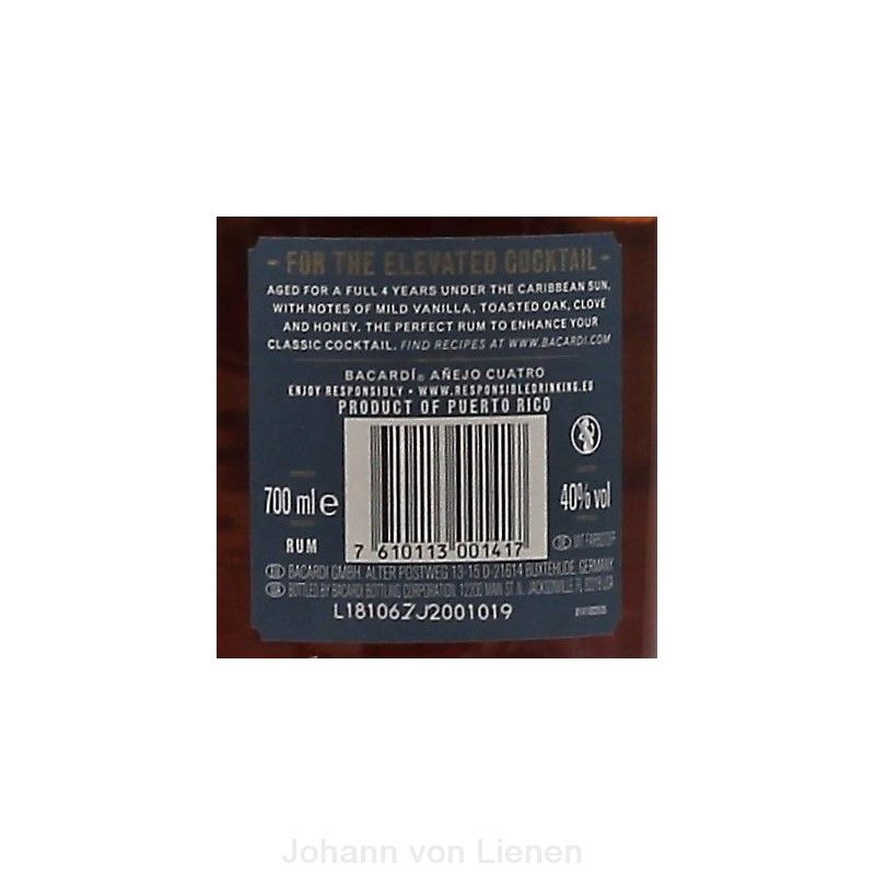 Bacardi Anejo Cuatro Rum 4 Jahre 0,7 L 40%vol Bacardi Anejo Cuatro Rum 4 Jahre 0,7 L 40%vol