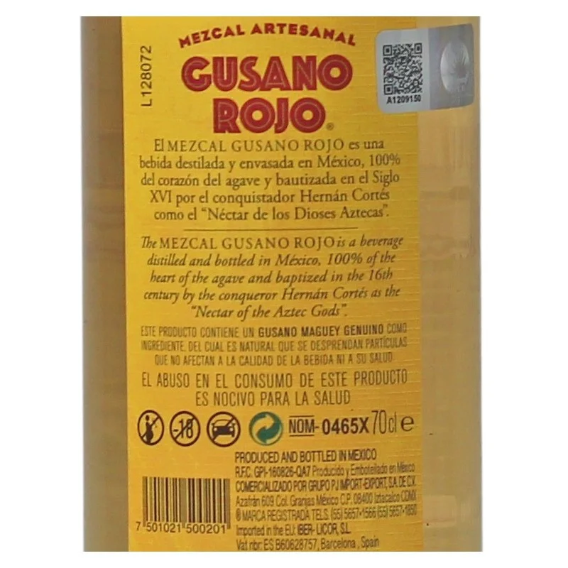 Mezcal Gusano Rojo mit Wurm 0,7 L 38% vol Mezcal Gusano Rojo mit Wurm 0,7 L 38% vol