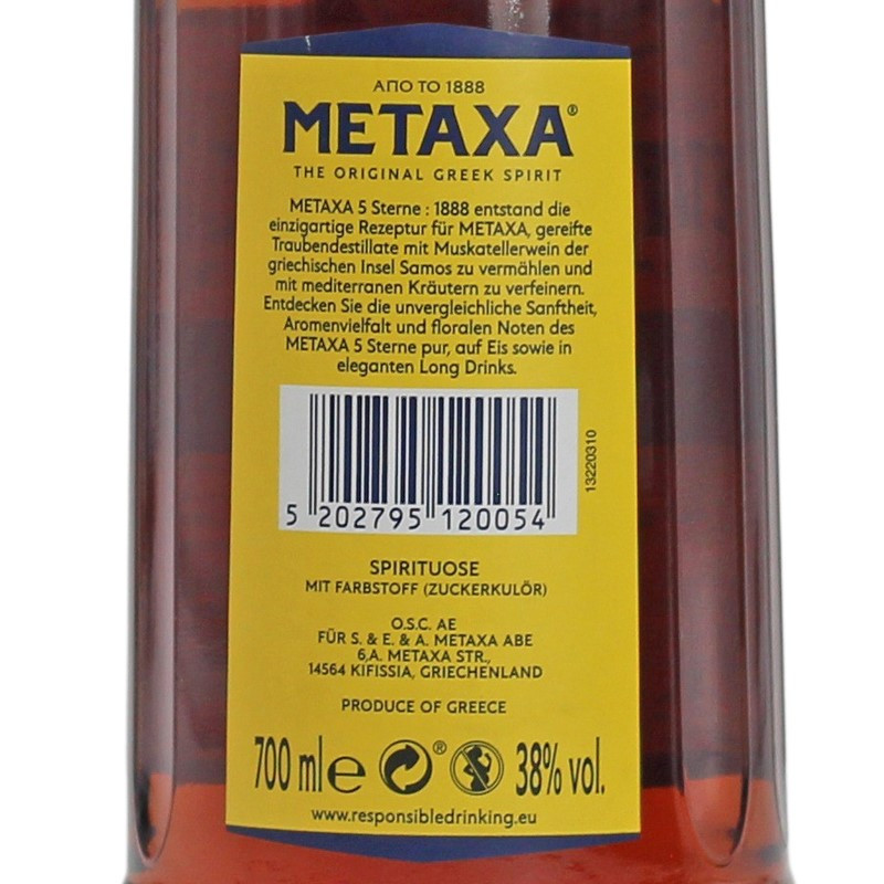 Metaxa 5* Sterne 0,7 L 38% vol