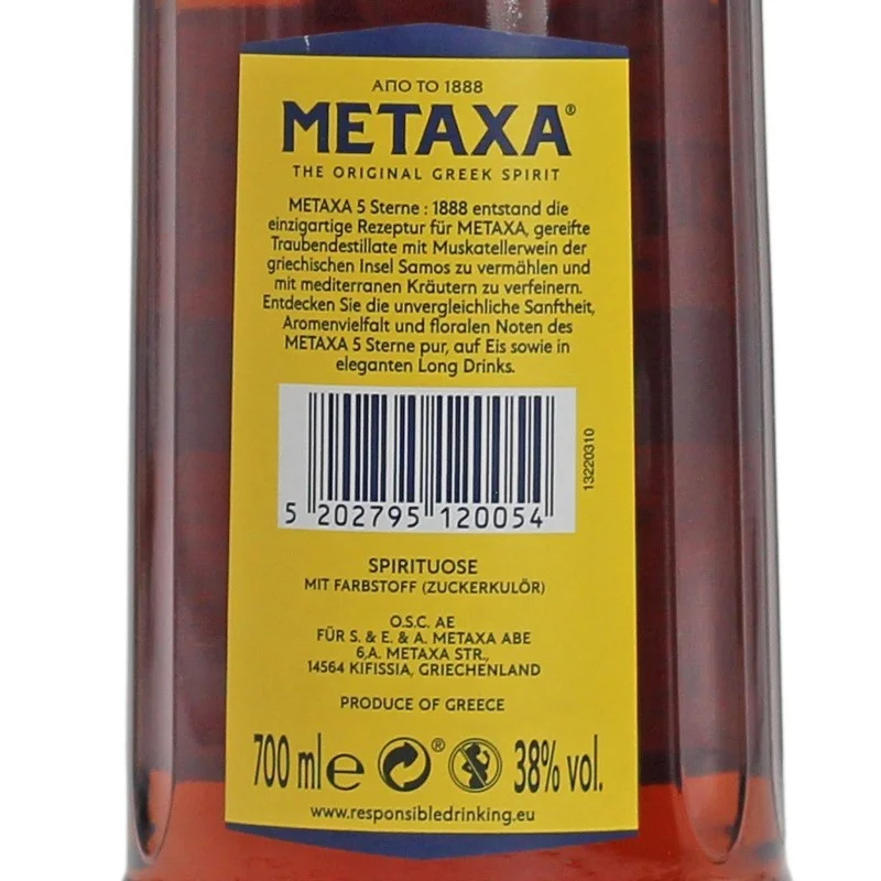 Metaxa 5 Sterne Weinbrand 0,7 L 38% vol Metaxa 5 Sterne Weinbrand 0,7 L 38% vol