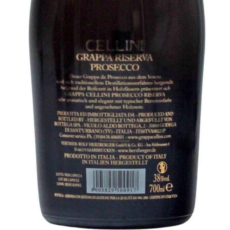 Grappa Cellini Riserva Barricata Prosecco 0,7 L 38% vol Grappa Cellini Riserva Barricata Prosecco 0,7 L 38% vol