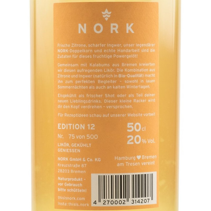 Nork Zitrone-Ingwer Likör 0,5 L 20% vol Nork Zitrone-Ingwer Likör 0,5 L 20% vol