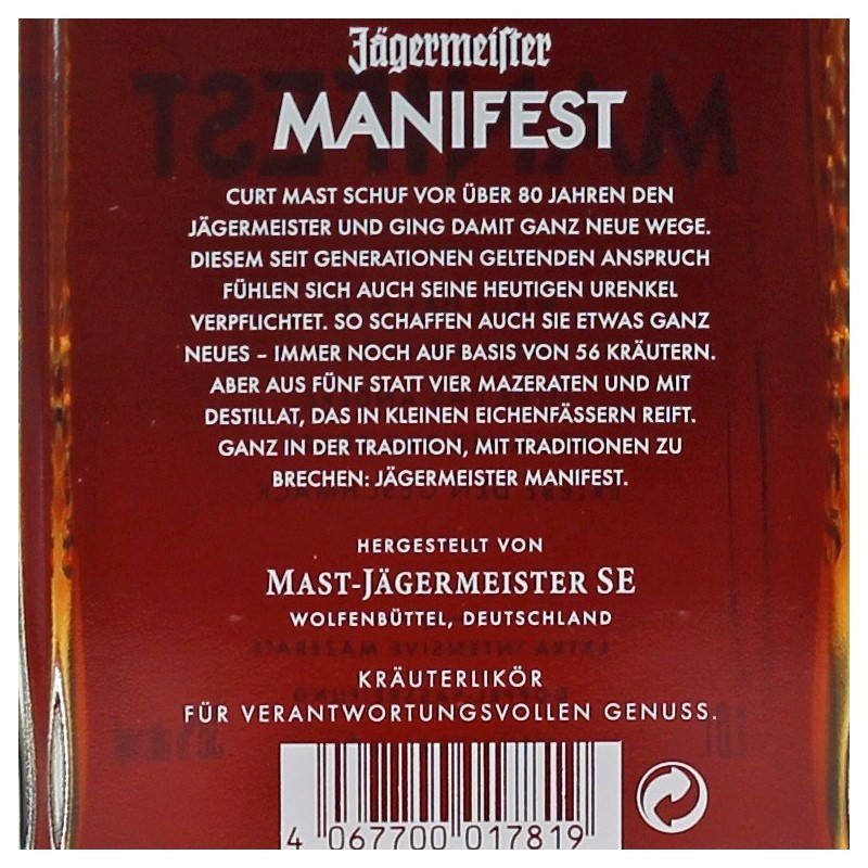 Jägermeister Manifest Kräuterlikör 1 Liter 38% vol Jägermeister Manifest Kräuterlikör 1 Liter 38% vol