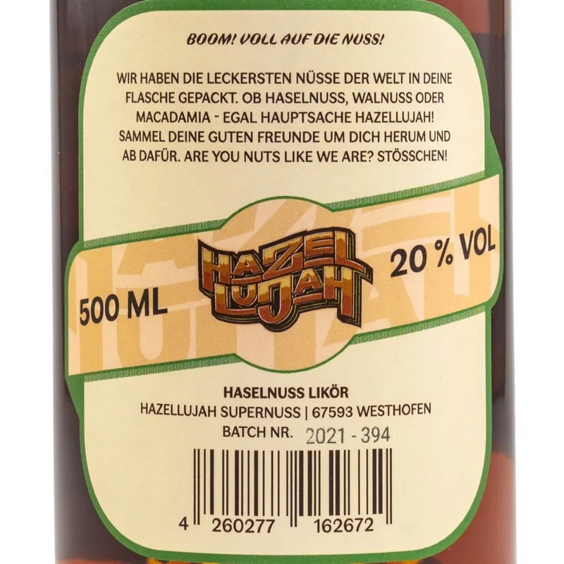 Hazellujah Haselnuss Likör 20 % vol 0,5 Liter Hazellujah Haselnuss Likör 20 % vol 0,5 Liter
