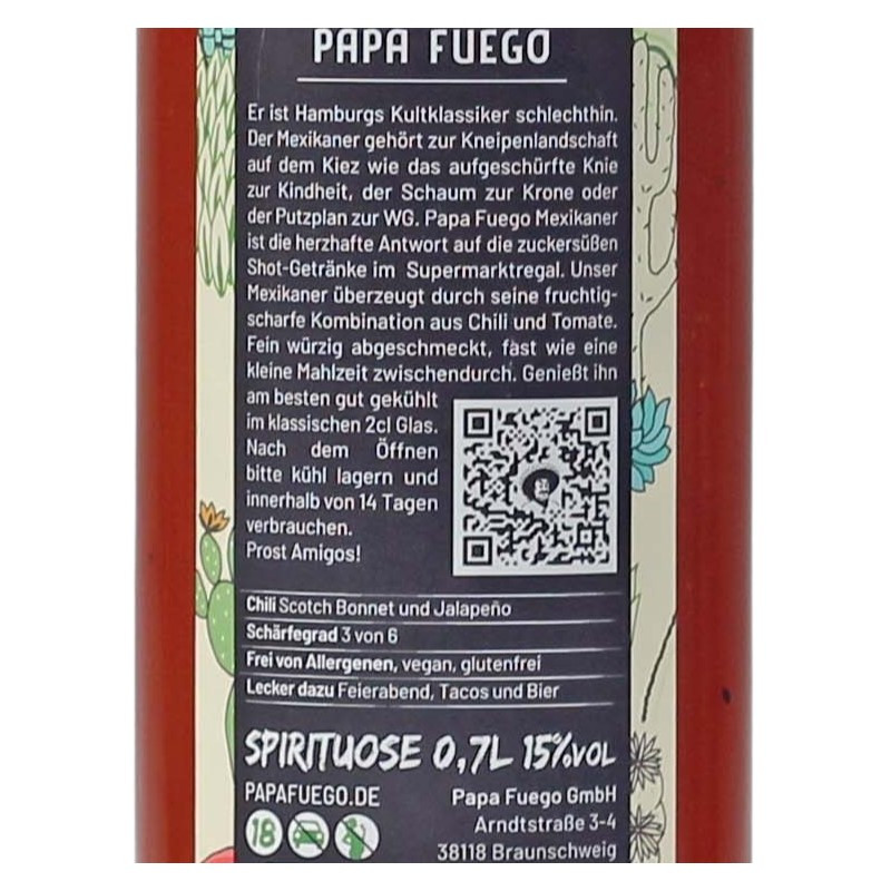 Papa Fuego Mexikaner mittelscharf Tomatenschnaps Likör 0,7 L 15% vol