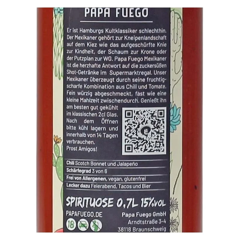 Papa Fuego Mexikaner mittelscharf Tomatenschnaps Likör 0,7 L 15% vol Papa Fuego Mexikaner mittelscharf Tomatenschnaps Likör 0,7 L 15% vol