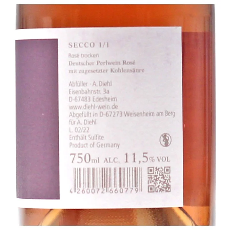 Diehl Secco Rose eins zu eins 0,75 L 12% vol Diehl Secco Rose eins zu eins 0,75 L 12% vol